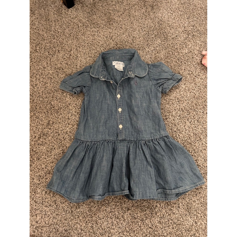 Ralph Lauren Baby Girls Blue Chambray Drop Waist Dress 9M Short Sleeve Pony Logo